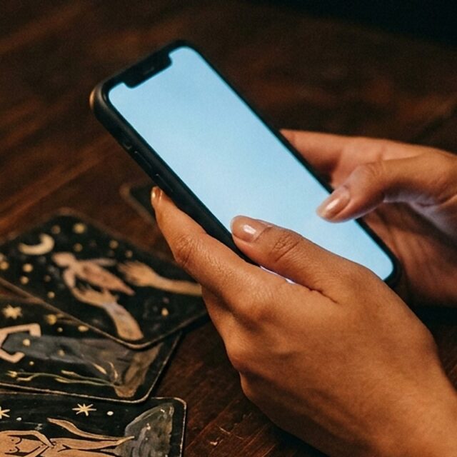 Mãos segurando um celular sobre a mesa de madeira, ao lado de cartas de tarot e uma vela