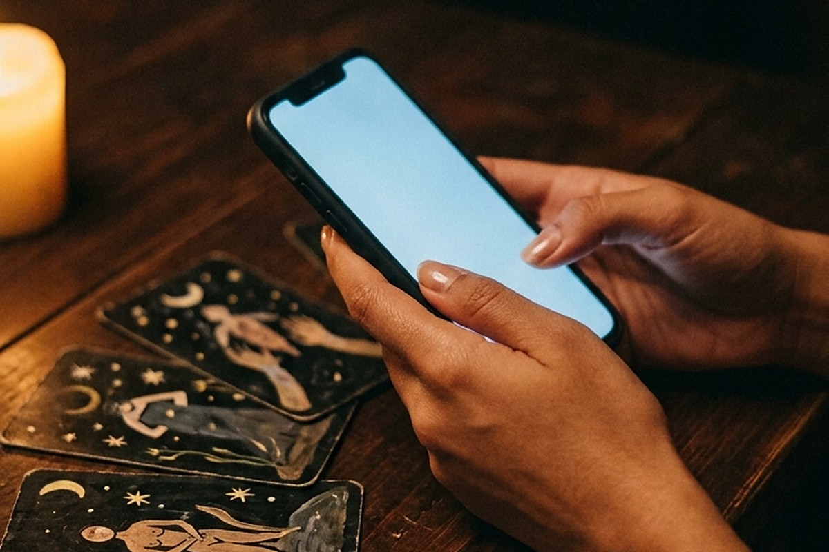 Mãos segurando um celular sobre a mesa de madeira, ao lado de cartas de tarot e uma vela