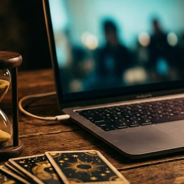 Notebook com uma chamada de vídeo aberta, ampulheta, vela e cartas de tarot sobre a mesa