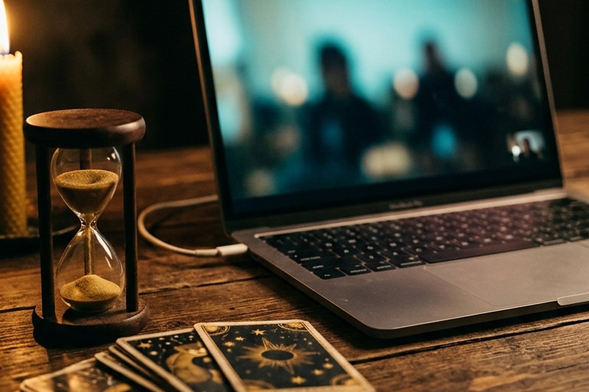 Notebook com uma chamada de vídeo aberta, ampulheta, vela e cartas de tarot sobre a mesa